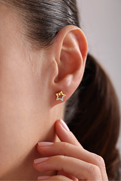 Nereze 925 Ayar Gümüş Gold Kaplama Minik Zirkon Taşlı Çift Yıldız Küpe