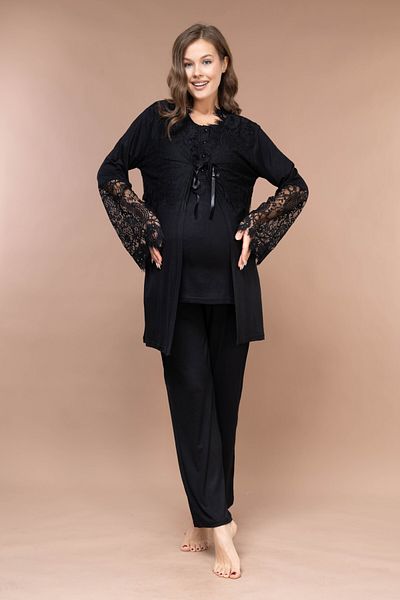 Rimel Homewear Maternity Pajama Set with Black Lace Detail and Dressing Gown