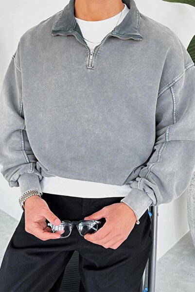 HAFKAGİYİM Γκρι φούτερ με μισό φερμουάρ Oversize