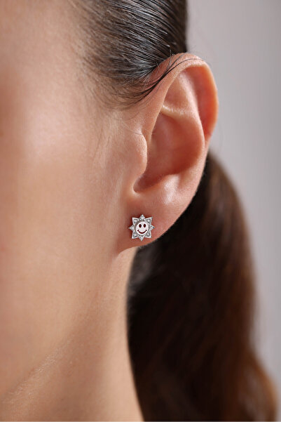 Nereze 925 Ayar Gümüş Rodyum Kaplama Minik Gülen Yüz Küpe