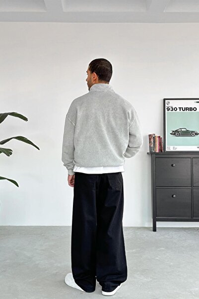 HAFKAGİYİM Ανοιχτό γκρι Acid Wash Φούτερ με μισό φερμουάρ Oversize