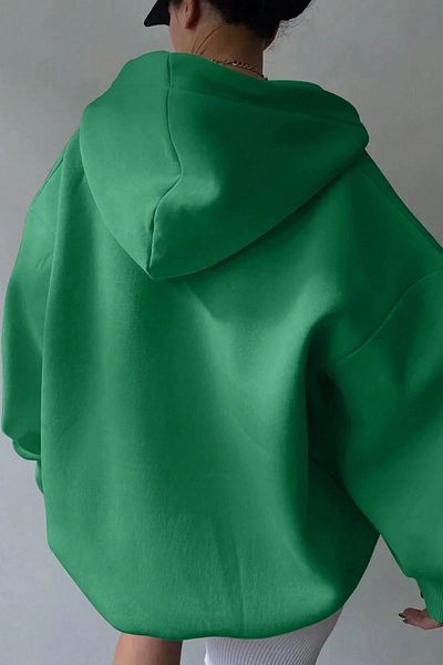 Know Women's 3 Thread Green Relax Collar Detail Oversize Hooded Sweatshirt