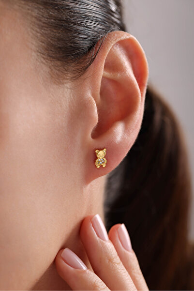 Nereze 925 Ayar Gümüş Gold Kaplama Minik Panda Küpe