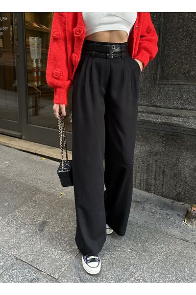 Laluvia Black Grace Belted široké kalhoty- 300001