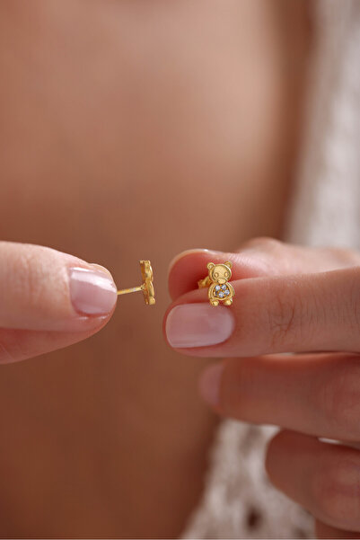 Nereze 925 Ayar Gümüş Gold Kaplama Minik Panda Küpe