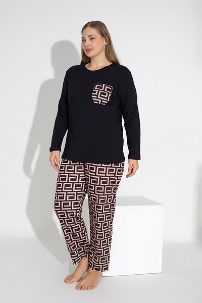 ModaLeaf Set pijama neagră cu mâneci lungi cu model labirint 107