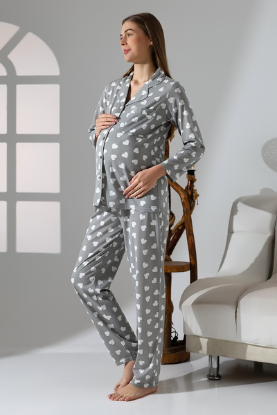 LİKAPA Likapa fésült pamut elöl gombos kismama hosszú ujjú pizsama szett