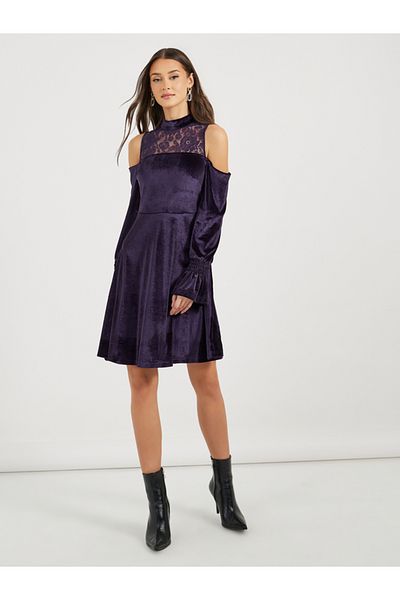 Styli Velvet Lace Cold Shoulder A-Line Mini Dress