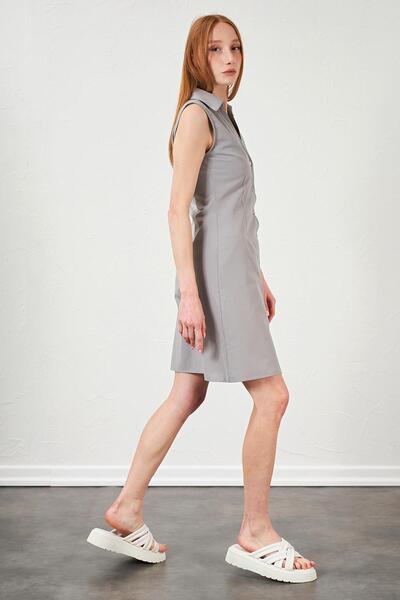 TENA Women's Gray Shirt Collar Buttoned Front Sleeveless Poplin Dress