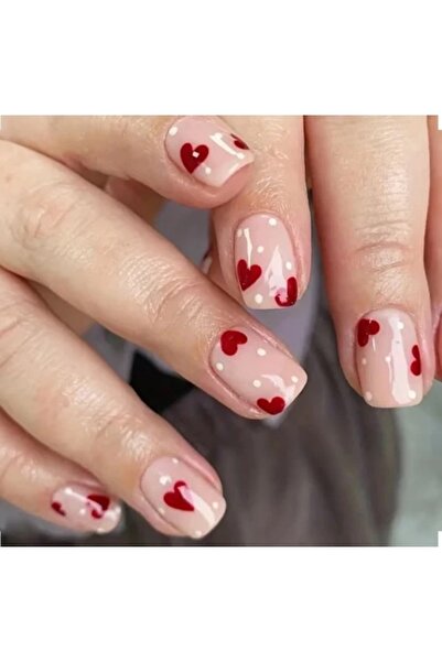Alya Nail Studio Kadın Kare Küt Kısa Jel Görünümlü Kalp Desenli Nail Art Pemb...