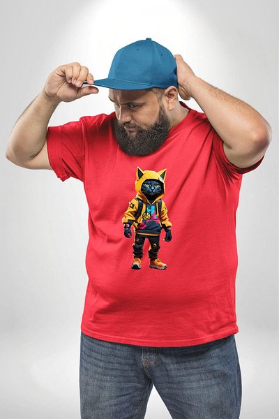 Angemiel طقم بدلة رياضية للجنسين باللون الأحمر من Yellow Cat Human - مقاس كبير، تي شيرت أساسي مطبوع مسبقًا