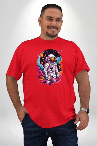 Angemiel تي شيرت أحمر كبير الحجم مطبوع من الأمام للرجال والنساء للجنسين من Moon Mars Astronaut