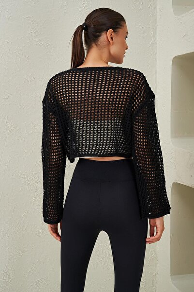 TENA Kadın Siyah Önü Bağcıklı Delikli Crop Hırka