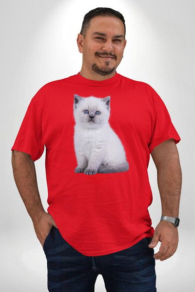 Angemiel Men's and Women's Unisex Red and White Kitten Printed T-Shirt - Large Size