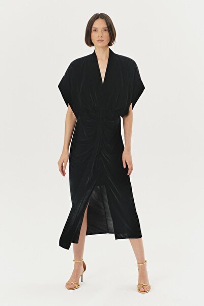 Exquise V Yaka Kadife Midi Elbise