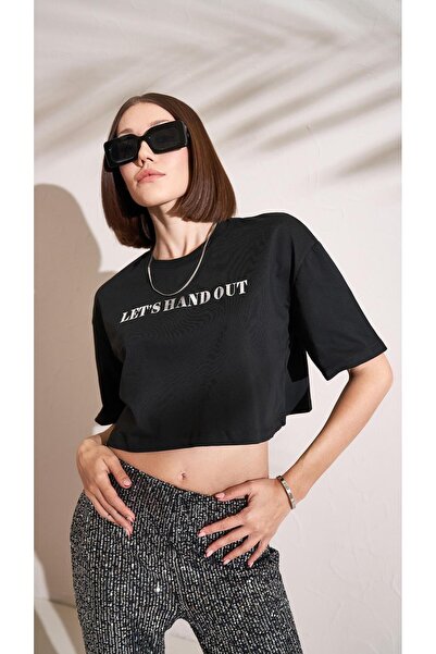 TENA Μαύρο Oversize Crop T-Shirt - Crew Neck, Single Jersey Foil Letter