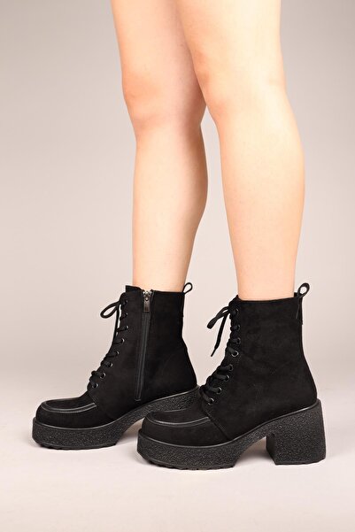 Birikon TULLIA Bağcıklı Süet Topuklu Kadın Bot SİYAH