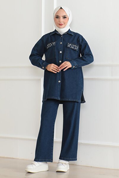 Modamihram Τζιν κοστούμι με κουμπιά με πέτρινη λεπτομέρεια Σκούρο τζιν 19285