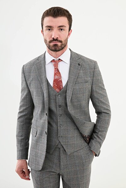 Mcr Ανδρικό κοστούμι με καρό σχέδιο Slim Fit Mono Collar Γκρι - 45365.24K