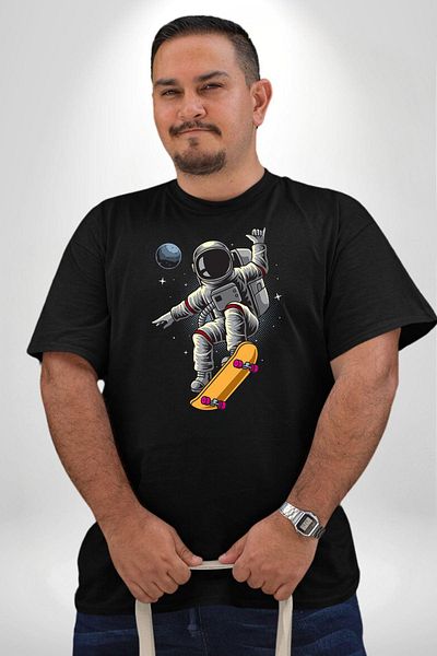 Angemiel تي شيرت Atronot Space Mars أسود مقاس كبير - للرجال والنساء للجنسين، موديل أساسي مطبوع من الأمام