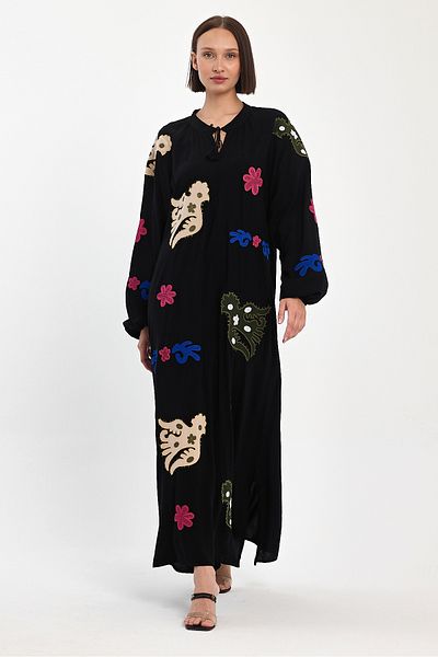 Denismoda Women's Long Sleeve Applique Detailed Long Viscose Dress