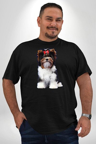 Angemiel تي شيرت أسود مطبوع للجنسين من Yorshire Terrier - مقاس كبير
