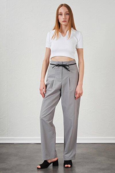 TENA Women's Gray High Waist Leather Belt Poplin Trousers