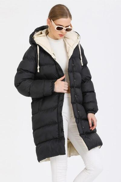 TENA Women's Black Double Color Long Puffer Jacket