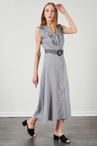 TENA Women's Gray Collar Ruffled Buttoned Front Sleeveless Poplin Fabric Long Dress