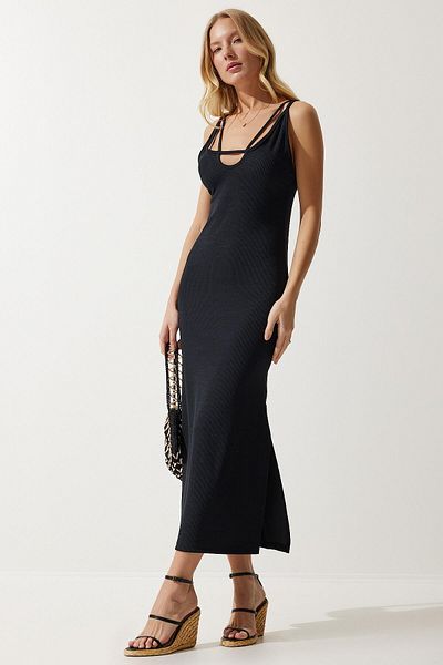 TENA Γυναικείο Μαύρο Φόρεμα με Διπλή Φόδρα Twisted Fabric