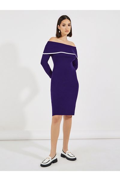 Styli Contrast Trim Off Shoulder Sweater Dress