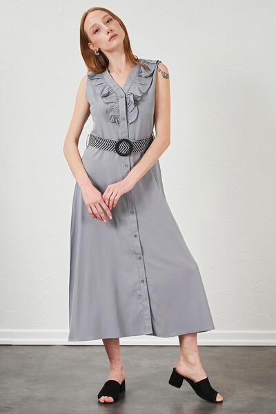 TENA Women's Gray Collar Ruffled Buttoned Front Sleeveless Poplin Fabric Long Dress