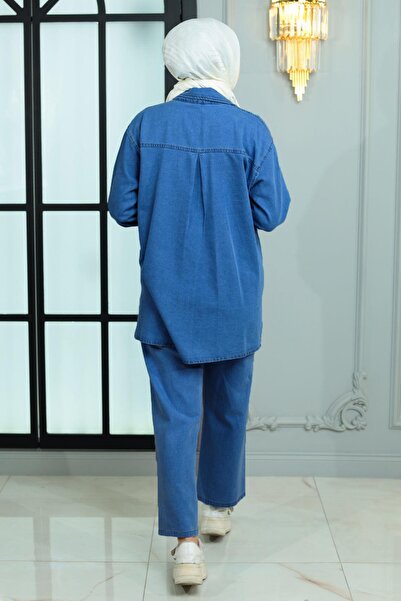 Modamihram Μπλε τζιν κοστούμι 19285 - με κουμπιά και πέτρινες λεπτομέρειες