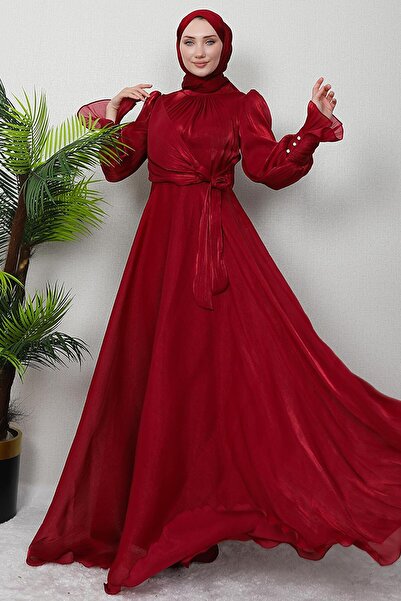 giz astore Fiyonk Detay İpek Abiye Bordo