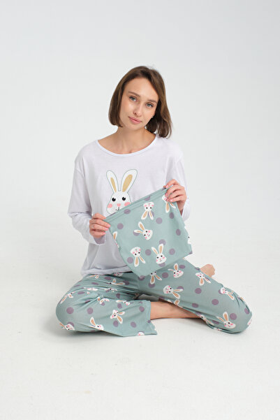 Rasabeauty طقم بيجامة قطن ممشط مطبوع بأكمام طويلة سوبر سوفت