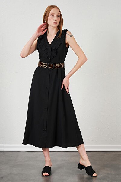 TENA Women's Black Collar Ruffled Buttoned Front Sleeveless Poplin Fabric Long Dress