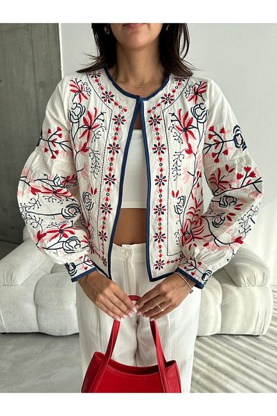 Dilek Aydın Atelier White 100% Cotton-Linen Embroidered Jacket