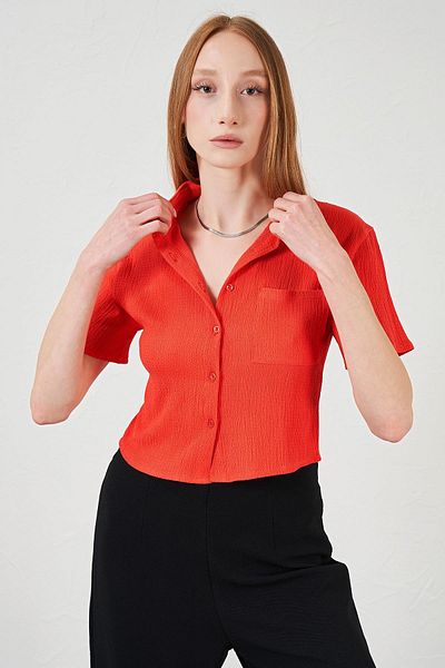 TENA Women's Pomegranate Wrap Single Pocket Crop Shirt
