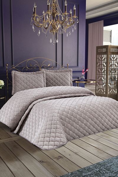 VENADORA Double Gray Roman Embroidered Quilted Bedspread Set - 3 Pieces