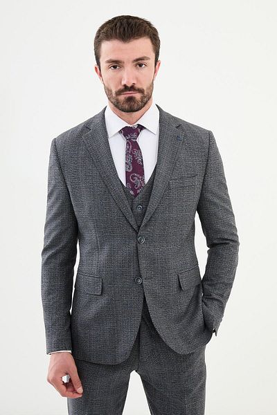 Mcr Plaid Slim Fit Mono Collar Men's Suit Navy Blue - 45365.24K