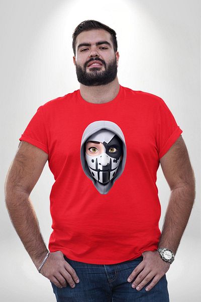 Angemiel تي شيرت أحمر للجنسين مقاس كبير - رأس بطل يرتدي قناعًا، مطبوعًا مسبقًا