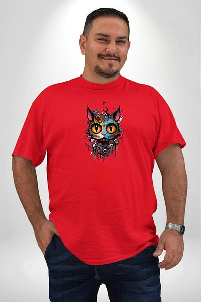 Angemiel تي شيرت Red Alebrije Futuristic Cat - مقاس كبير، للرجال والنساء للجنسين، مطبوع مسبقًا