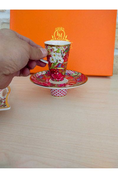 LAMEDORE Lilyum Pattern Porcelain Tray Set of 2 Coffee Cups