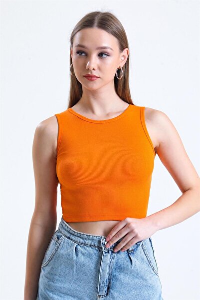 TENA Women's Orange Crew Neck Sleeveless Camisole Tank Top
