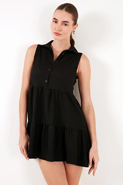 TENA Women's Black Shirt Collar Buttoned Front Rushel Fabric Dress