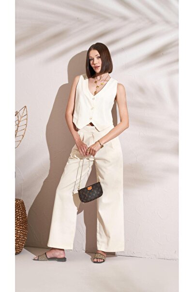 TENA Kadın Naturel Önü Çift Pileli Palazzo Balıksırtı Gabardin Kumaş Pantolon