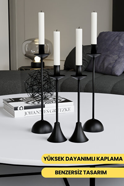 mba decor metal bending art Lüks Siyah 4'lü Şamdan Seti - Paslanmaz Metal Dek...