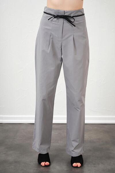 TENA Women's Gray High Waist Leather Belt Poplin Trousers