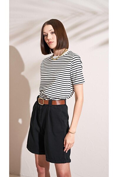 TENA Kadın Siyah Yüksel Bel Beli Kemerli Gabardin Şort