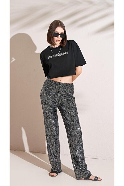 TENA Μαύρο Oversize Crop T-Shirt - Crew Neck, Single Jersey Foil Letter